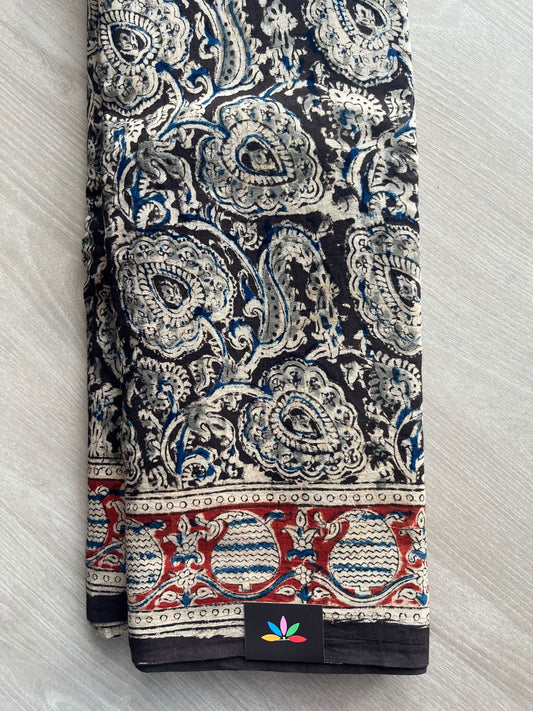 Floral Handblock Printed Kalamkari Mul Cotton Saree - 31970