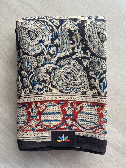 Floral Handblock Printed Kalamkari Mul Cotton Saree - 31970