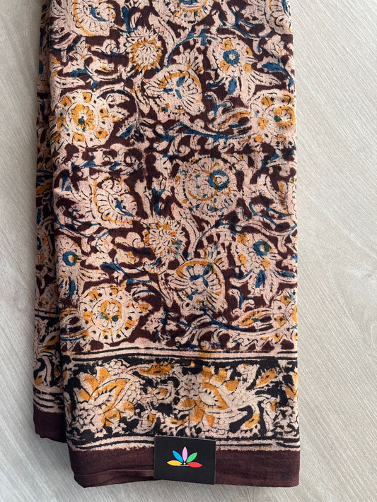 Floral Handblock Printed Kalamkari Mul Cotton Saree - 31975