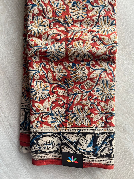 Floral Handblock Printed Kalamkari Mul Cotton Saree - 31979